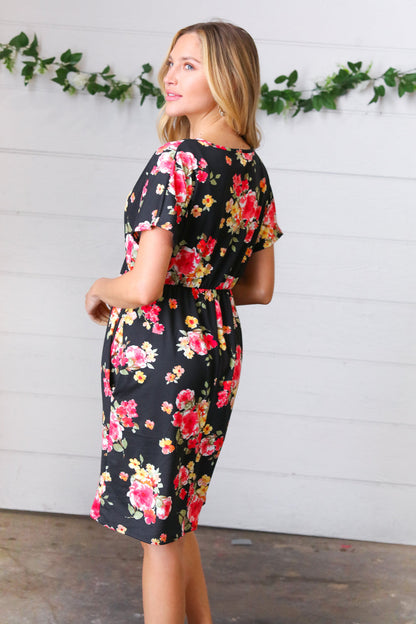 Black & Pink Floral Surplice V Neck Pocketed Dress