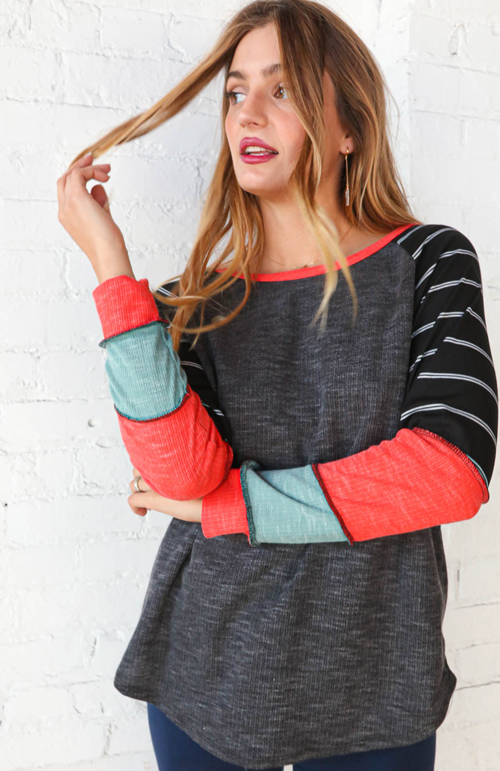 Black & Grey Thermal Rib Color Block Raglan Top