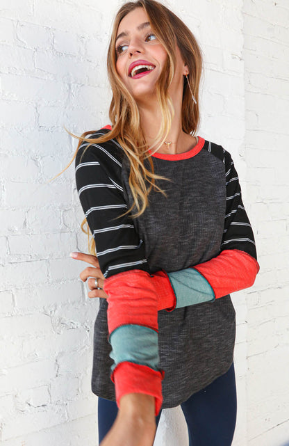 Black & Grey Thermal Rib Color Block Raglan Top