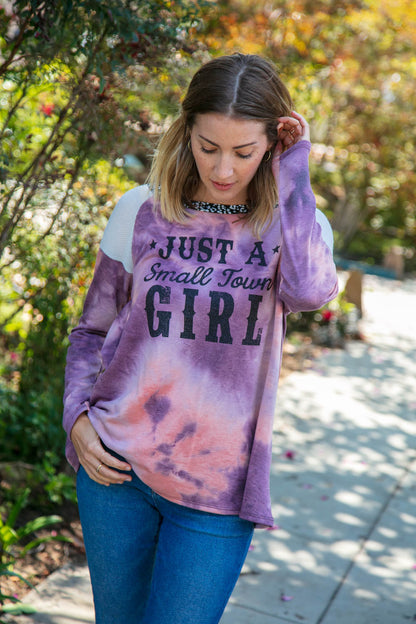 Small Town Girl Graphic Tie Dye Raglan Top