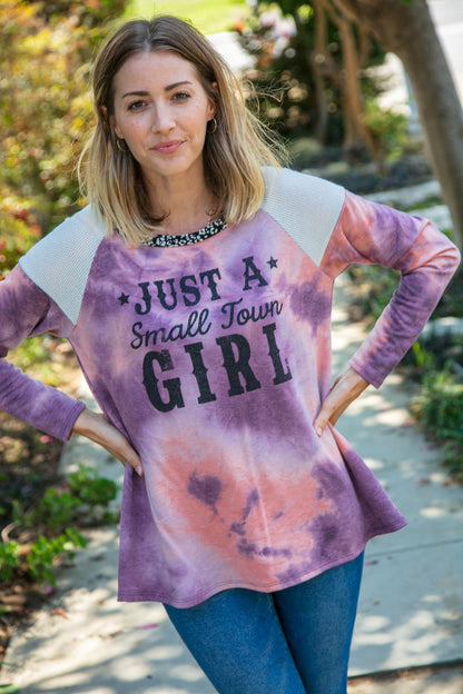 Small Town Girl Graphic Tie Dye Raglan Top