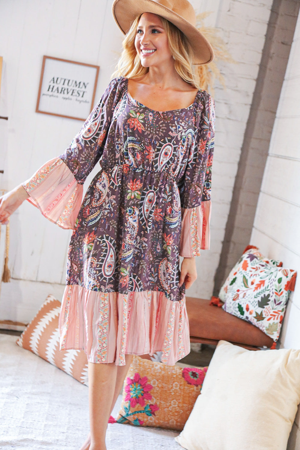 Berry Ethnic Paisley Sweet Heart Neck Bell Sleeve Dress