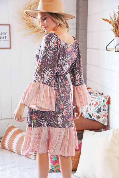 Berry Ethnic Paisley Sweet Heart Neck Bell Sleeve Dress