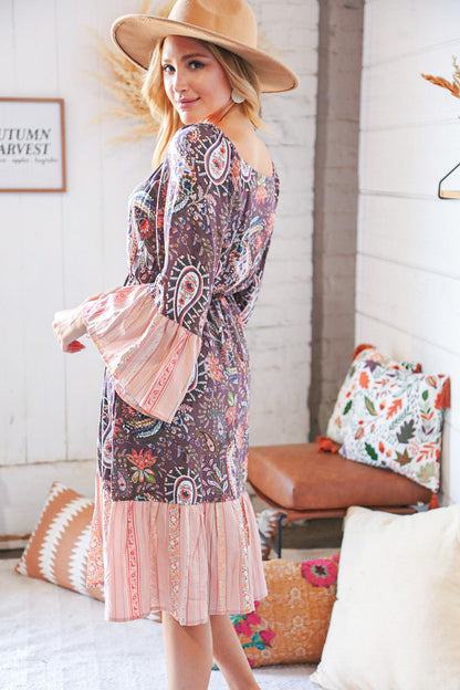 Berry Ethnic Paisley Sweet Heart Neck Bell Sleeve Dress