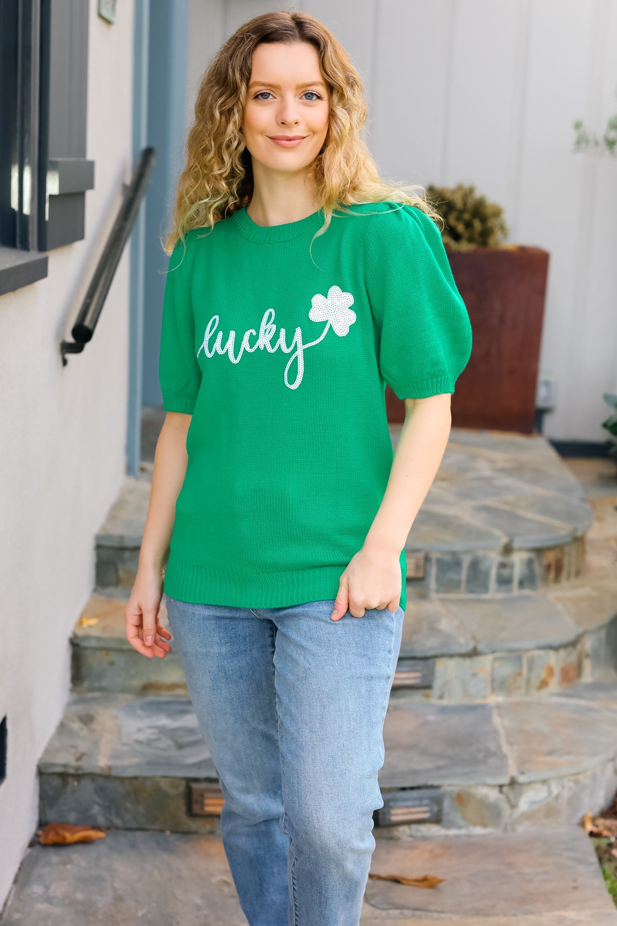 Lucky Lady Shamrock Green Sequin Puff Sleeve Knit Top