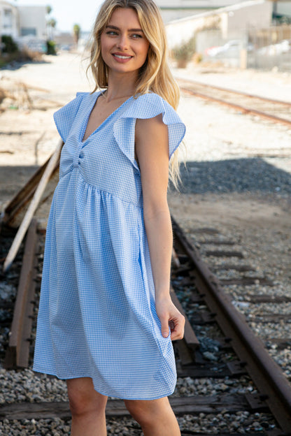 Blue Bow Ruffle Short Sleeve Flutter Pocketed Dress