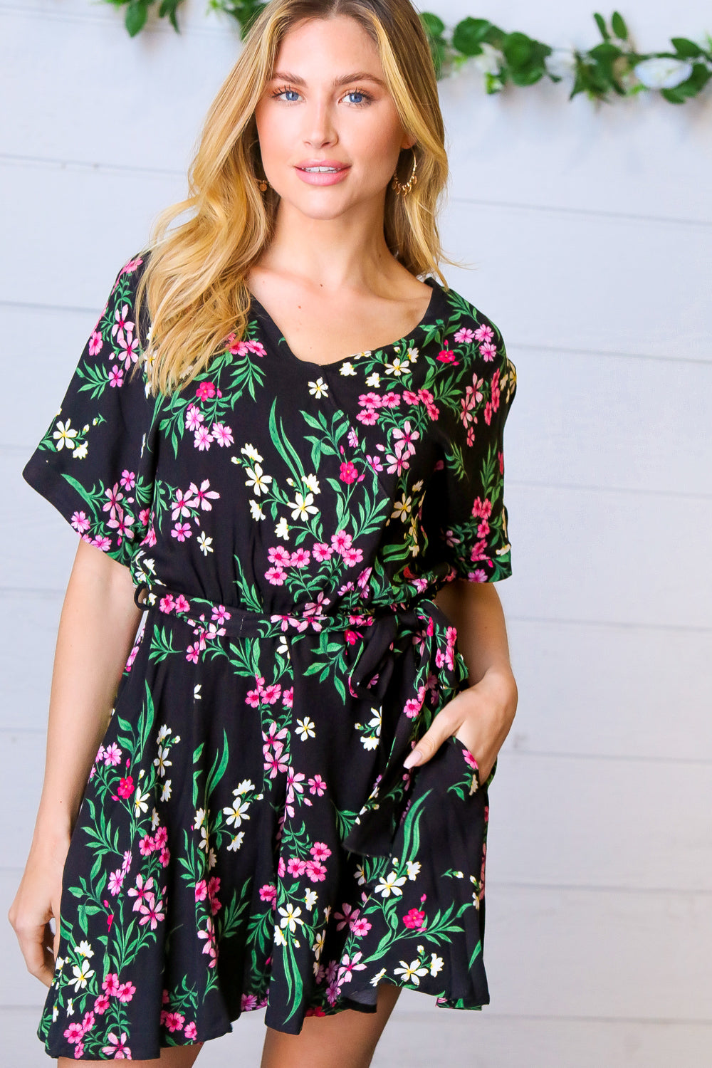 Black & Floral Surplice Short Sleeve Pocketed Romper