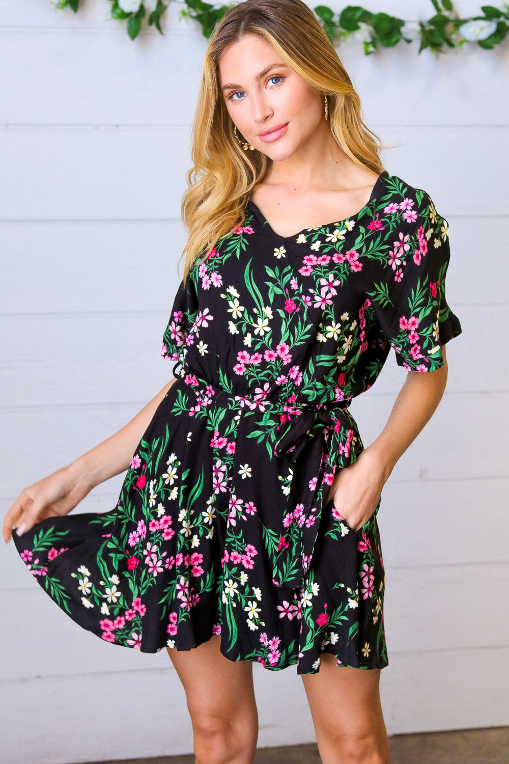 Black & Floral Surplice Short Sleeve Pocketed Romper