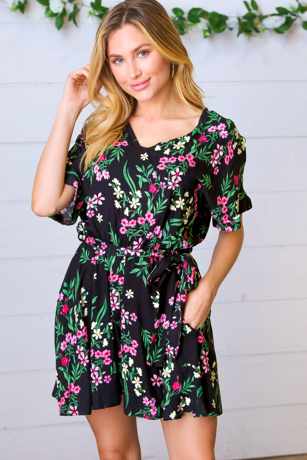 Black & Floral Surplice Short Sleeve Pocketed Romper