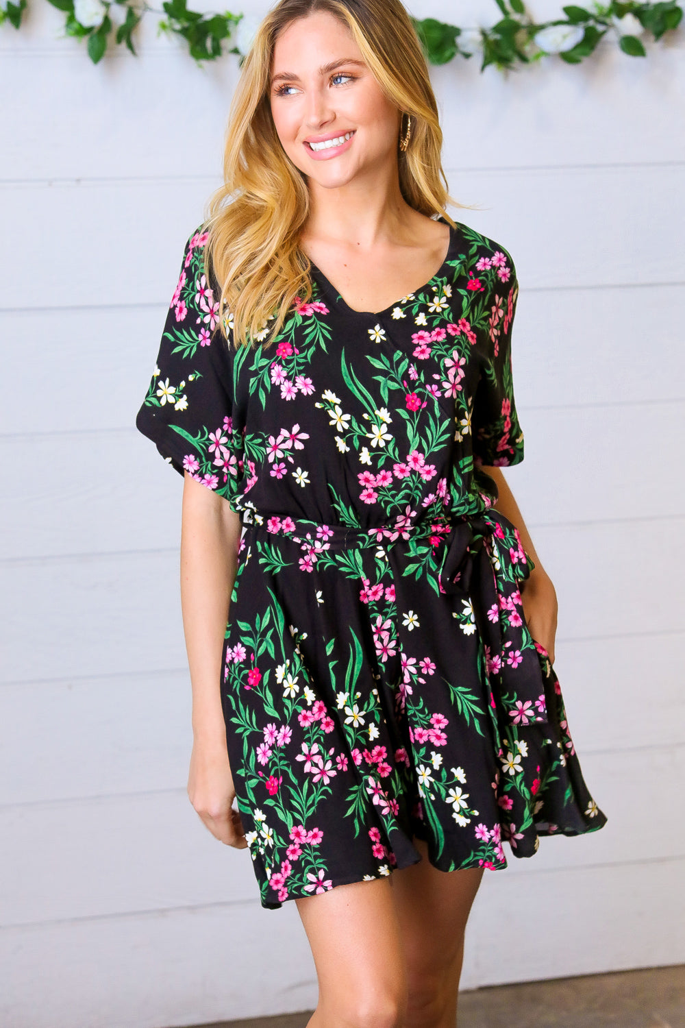 Black & Floral Surplice Short Sleeve Pocketed Romper