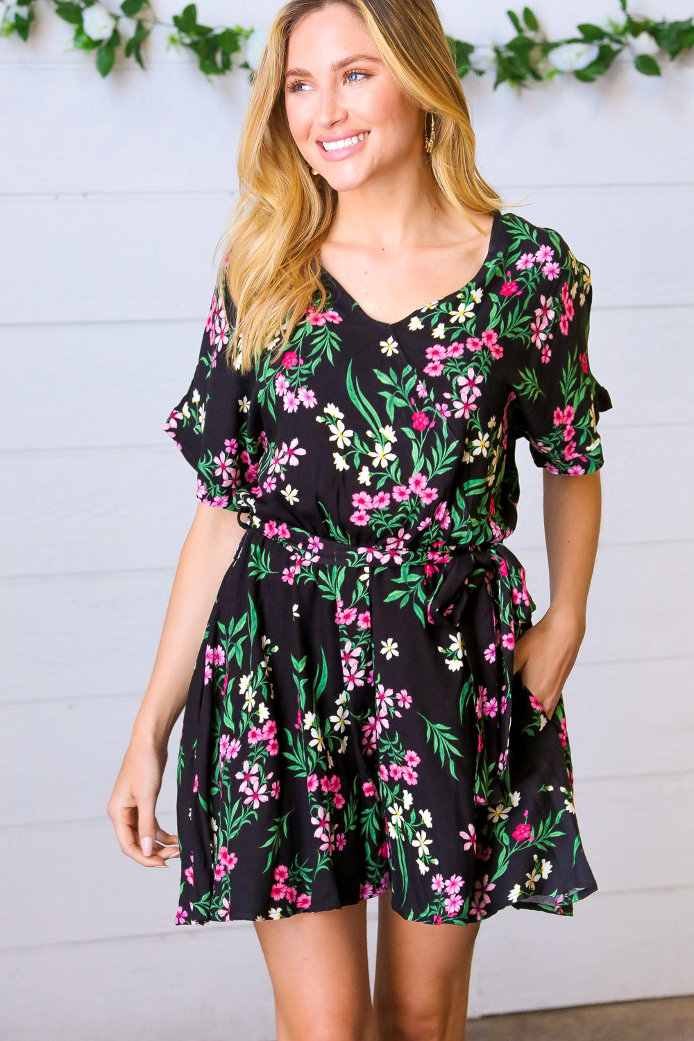 Black & Floral Surplice Short Sleeve Pocketed Romper