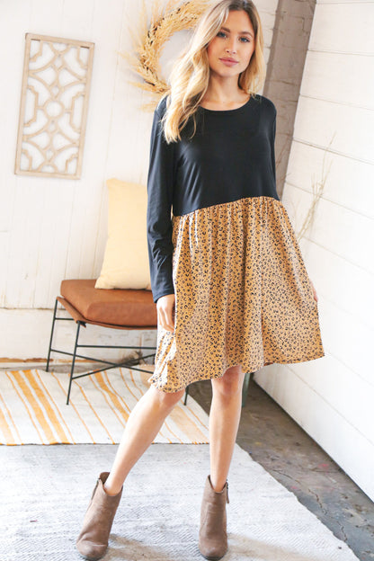 Black Leopard Twofer Pocketed Fit and Flare Dress