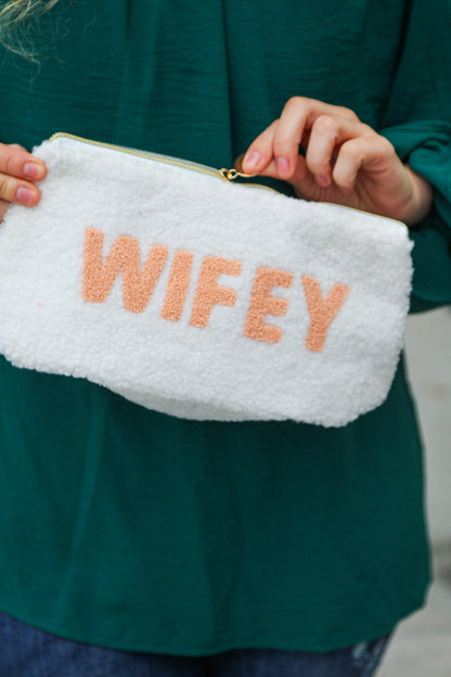 Cream "Wifey" Sherpa Zipper Bag