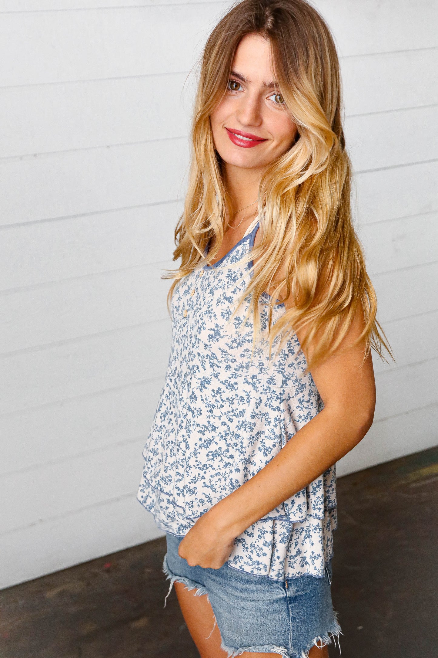 Vintage Ivory & Denim Floral Babydoll Top