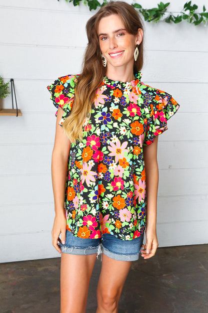 Vibrant Multicolor Floral Mock Neck Flutter Sleeve Top