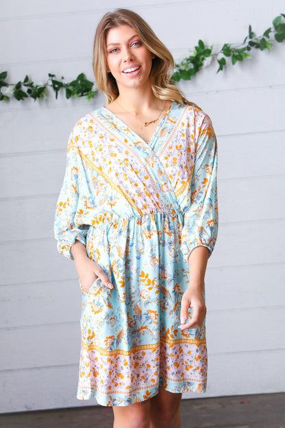 Light Blue Boho Challis Surplice Pocketed Dress