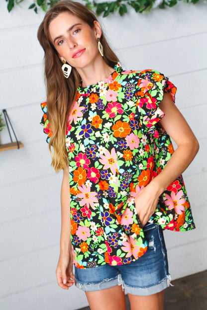 Vibrant Multicolor Floral Mock Neck Flutter Sleeve Top