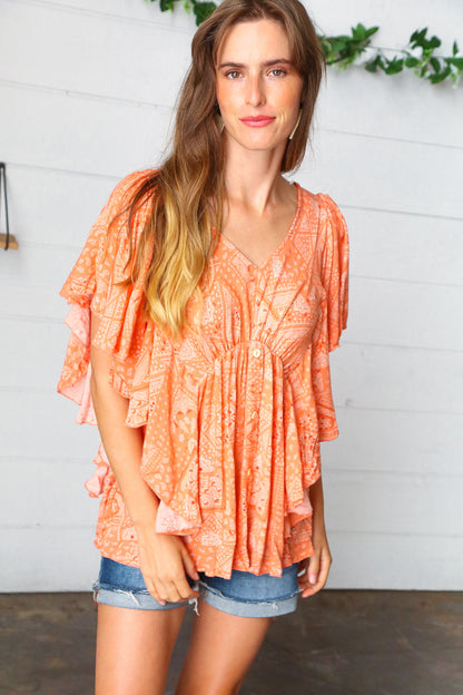 Apricot Boho Print Button Detail Side Ruffle Top