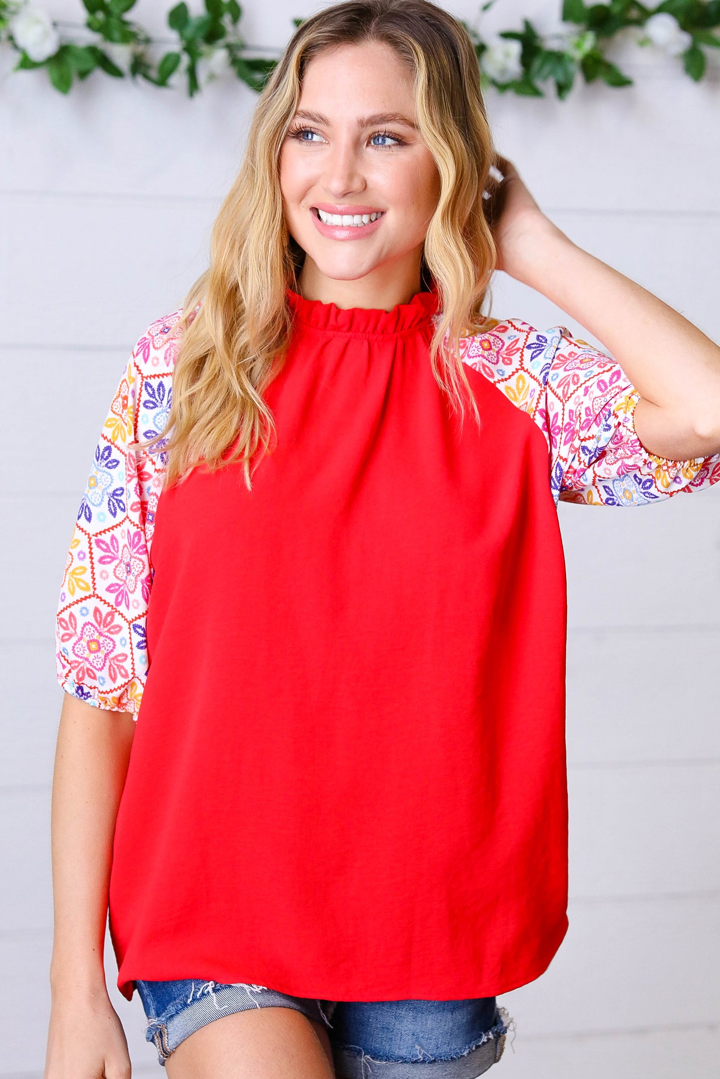 Cardinal Red Frilled Mock Neck Floral Puff Sleeve Top