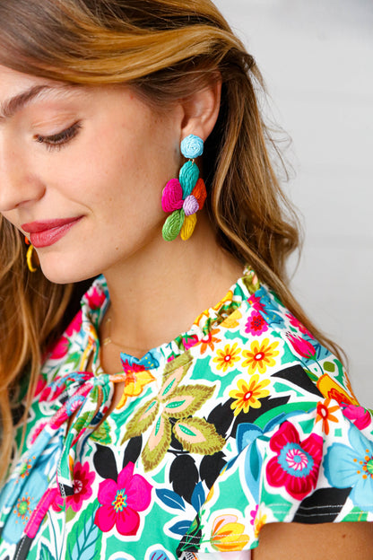 Multicolor Handwoven Straw Flower Dangle Earrings