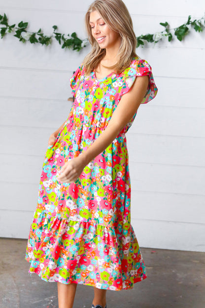 Multicolor Floral Boho Elastic Waist Ruffle Midi Dress