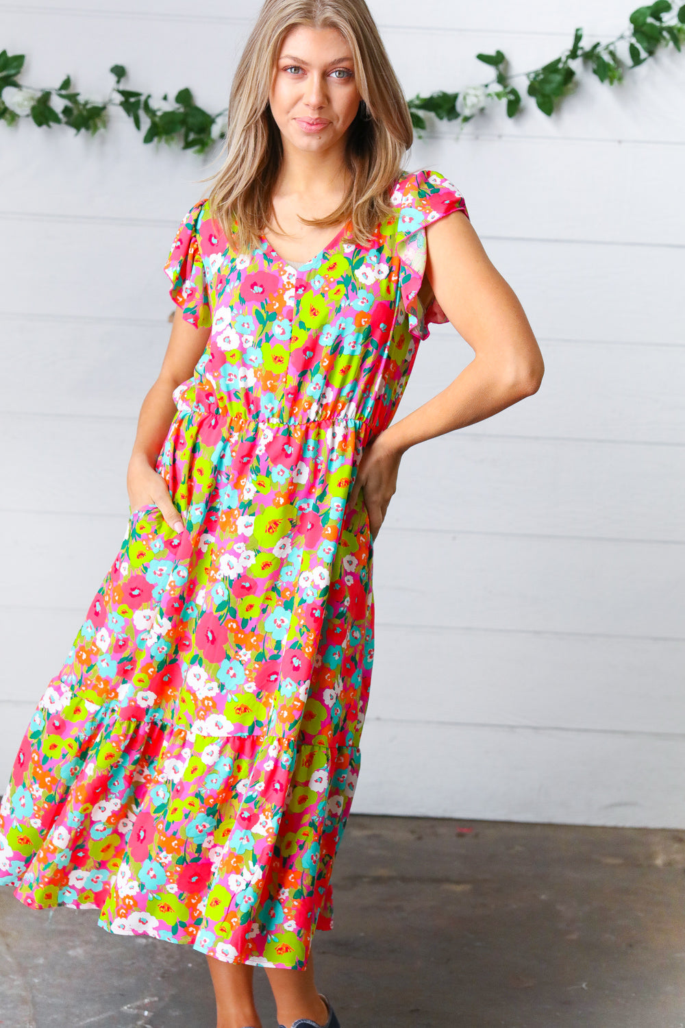 Multicolor Floral Boho Elastic Waist Ruffle Midi Dress