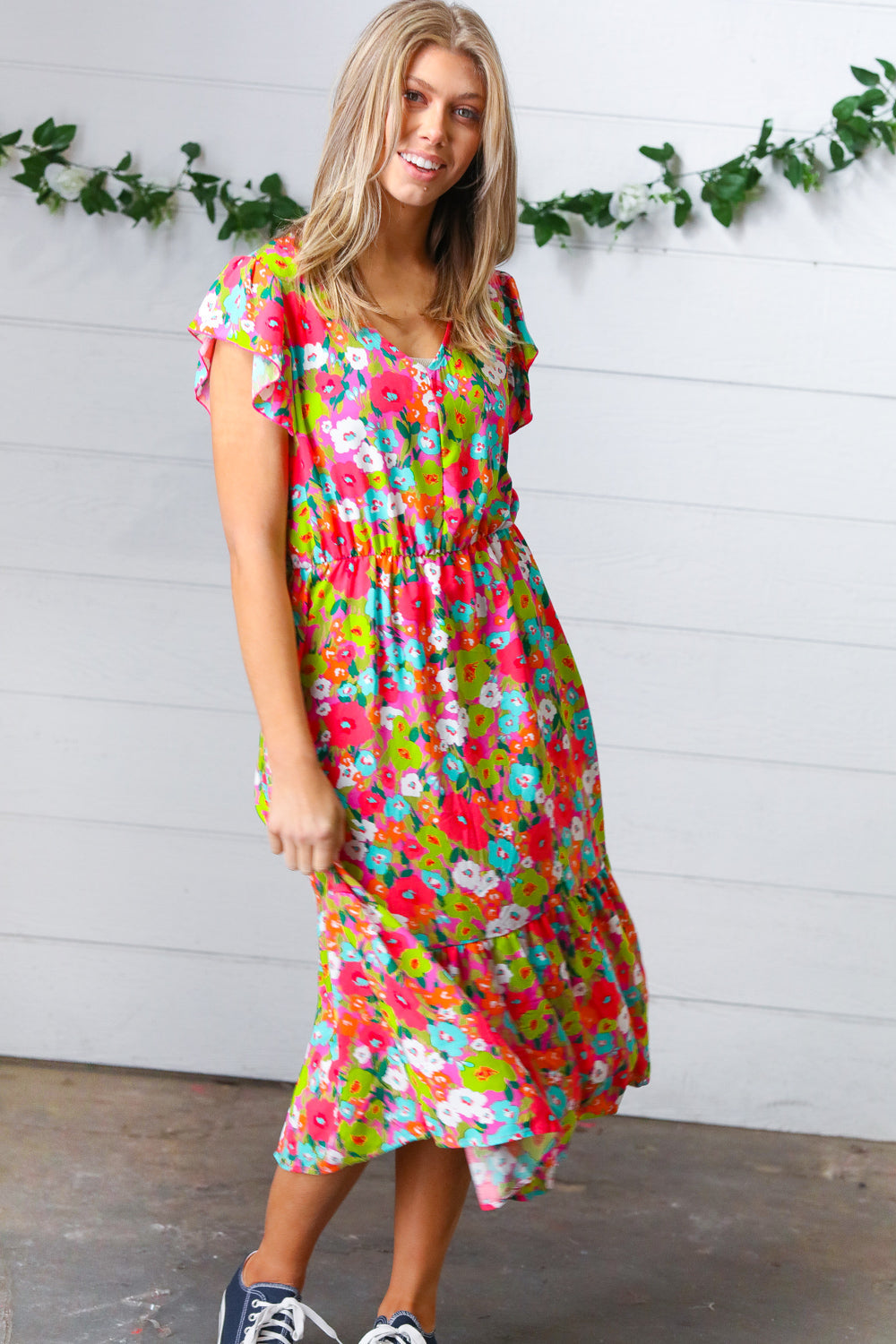 Multicolor Floral Boho Elastic Waist Ruffle Midi Dress