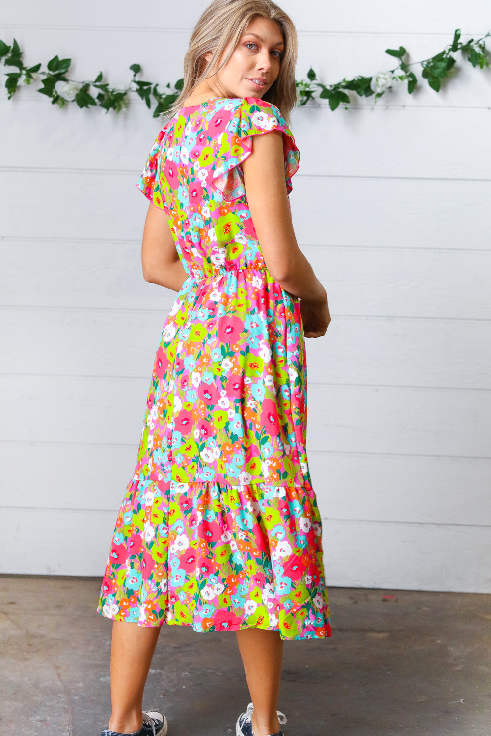 Multicolor Floral Boho Elastic Waist Ruffle Midi Dress