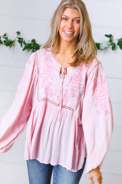 Blush Embroidered Tie String Peasant Top