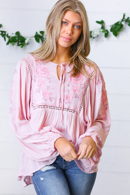 Blush Embroidered Tie String Peasant Top