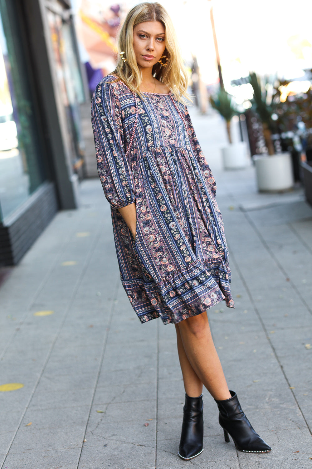 Lovely In Navy Floral Stripe Babydoll Ruffle Pocketed Dress