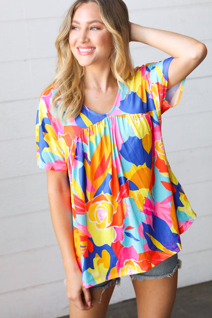 Orange & Yellow Geometric Floral V Neck Dolman Top