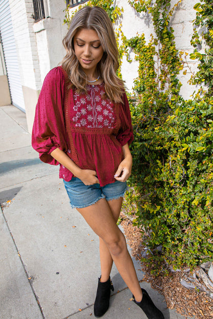 Cranberry Boho Crochet Lace Eyelet Swiss Dot Top