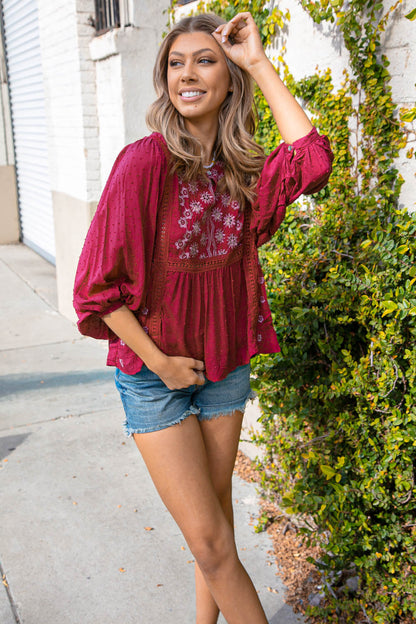 Cranberry Boho Crochet Lace Eyelet Swiss Dot Top