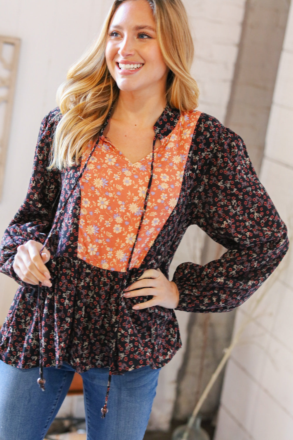 Black Floral Beaded Tie Peasant Woven Blouse