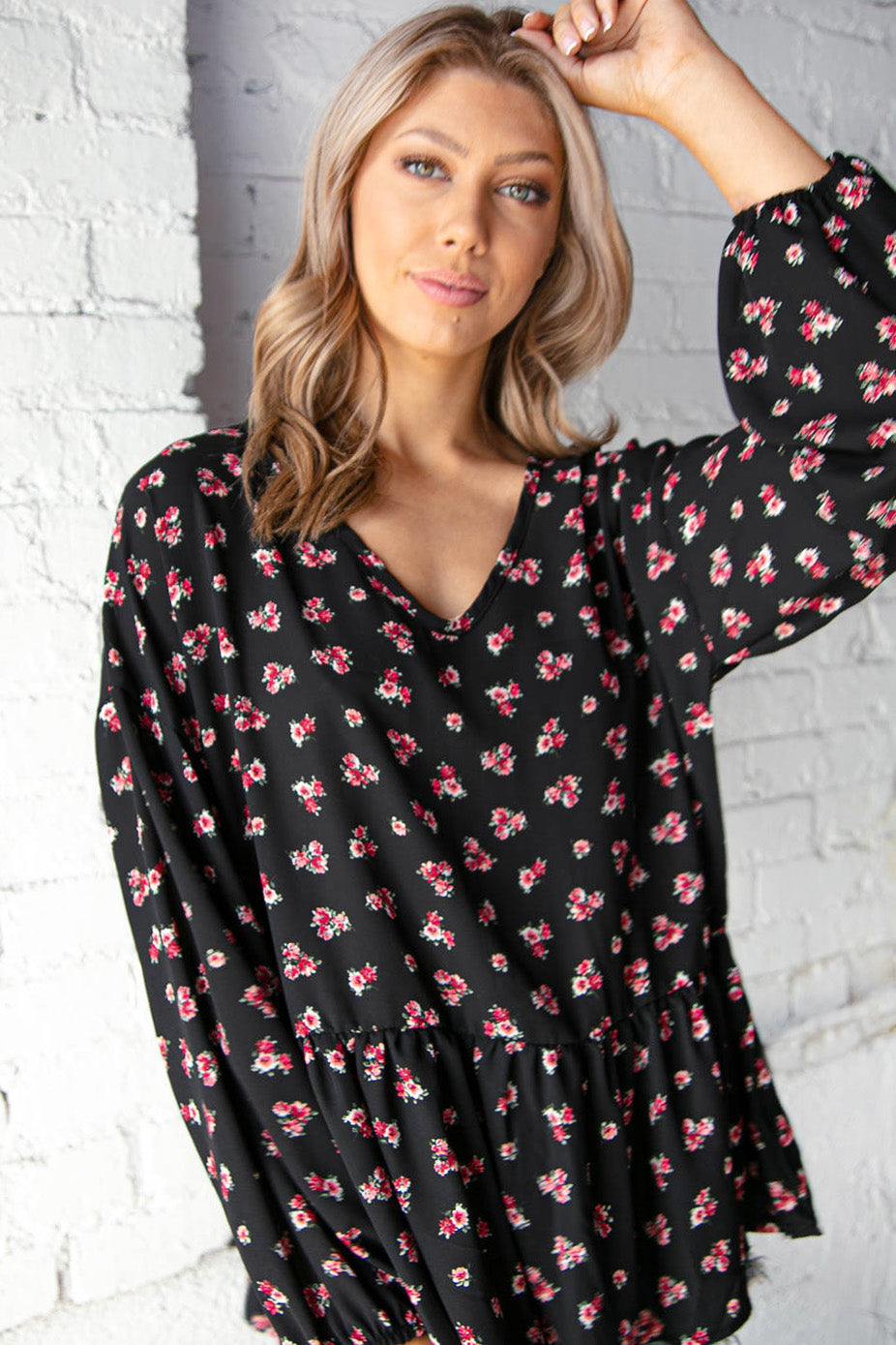 Black V Neck Floral Print Babydoll Woven Knit Top