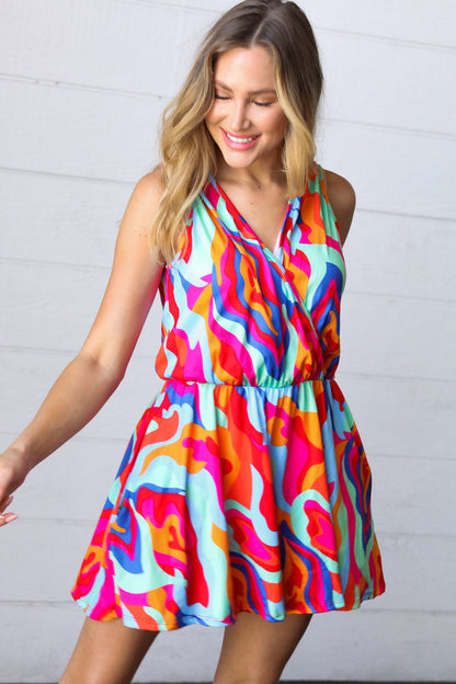 Vibrant Multicolor Abstract Sleeveless Surplice Romper