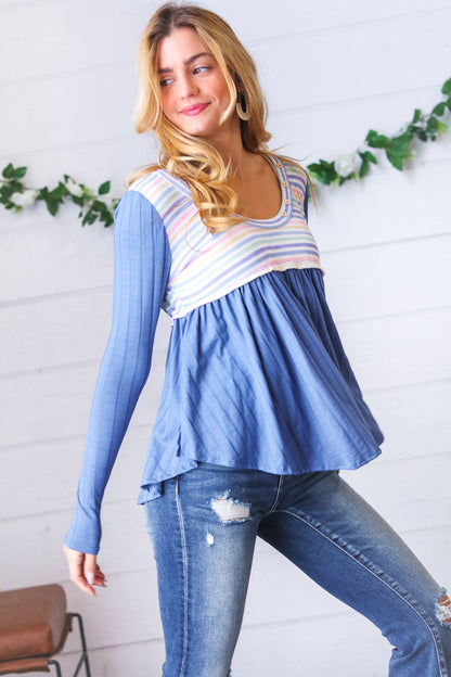 Multicolor Stripe Rib Knit V Neck Babydoll Top