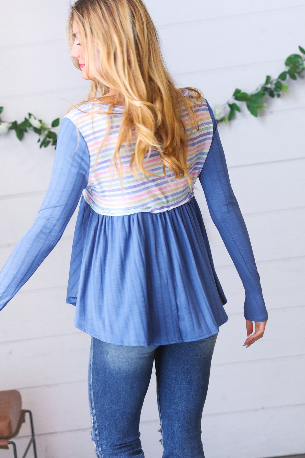 Multicolor Stripe Rib Knit V Neck Babydoll Top