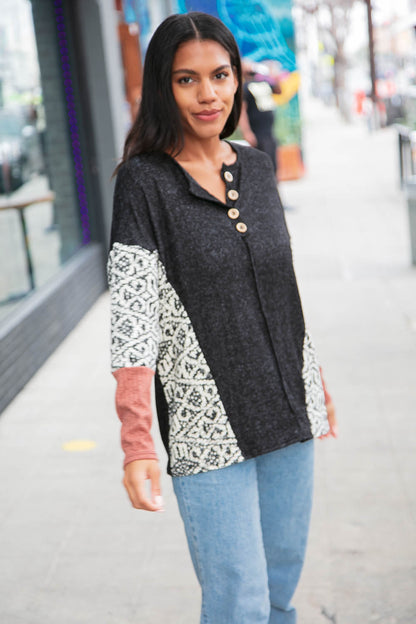 Aztec Jacquard Reverse Stitch Knit Button Down Top