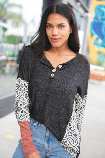 Aztec Jacquard Reverse Stitch Knit Button Down Top