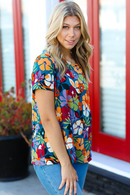 Teal & Maroon Flat Floral Print Top