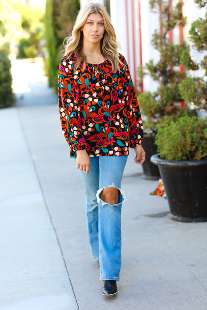 Magenta & Rust Boho Floral Bubble Sleeve Top