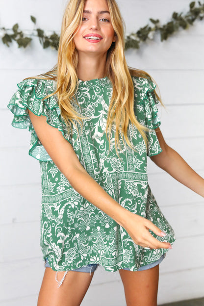 Boho Floral Mock Neck Double Flutter Sleeve Woven Top