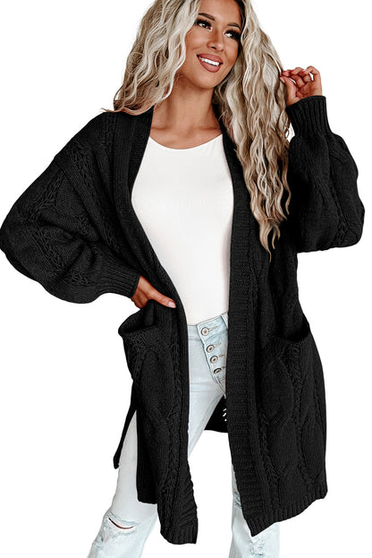 Red Ribbed Trim Hollow Knit Side Slits Cardigan