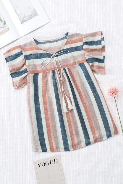 Multicolor Stripes Split Neck Pleated Ruffled Short Sleeves Top