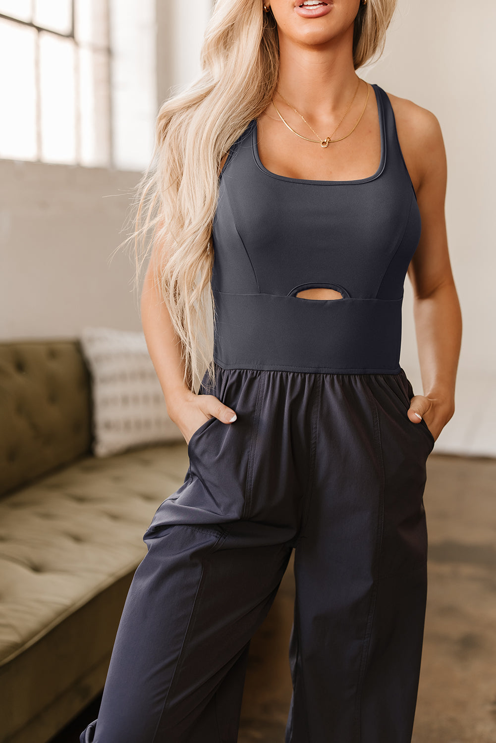 Carbon Grey Back Crossed Straps Hollow Out Jogger Jumpsuit