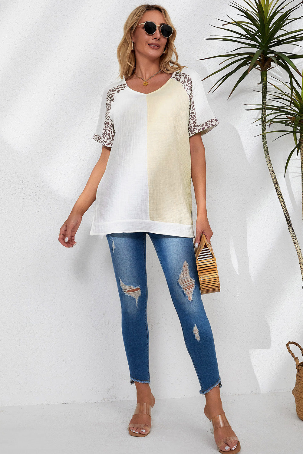 White Distressed Color Patchwork Leopard Trim Blouse