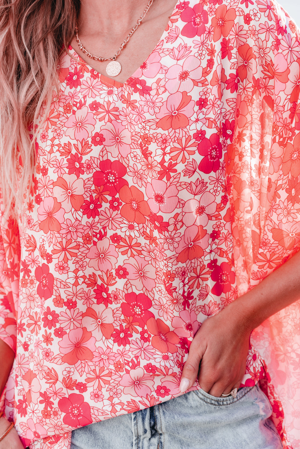 Pink Boho Floral V Neck Kimono Style Blouse