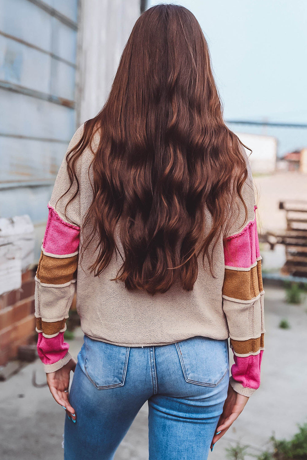 Simply Taupe Colorblock Exposed Seam Round Neck Sweater